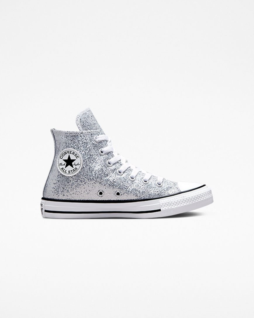 Dívčí Boty Vysoké Converse Chuck Taylor All Star Glitter Stříbrné Šedé Černé | CZ IZYD30